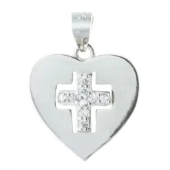 Palais du Rosaire Médaille Argent en forme de coeur avec une croix en strass^ Médaille De Saint | Médaille Et Croix Argent