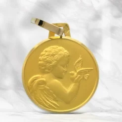 Palais du Rosaire Médaille d'Ange à la Colombe en Or 18 carats 14 mm avec Gravure Personnalisée^ Baptême | Communion