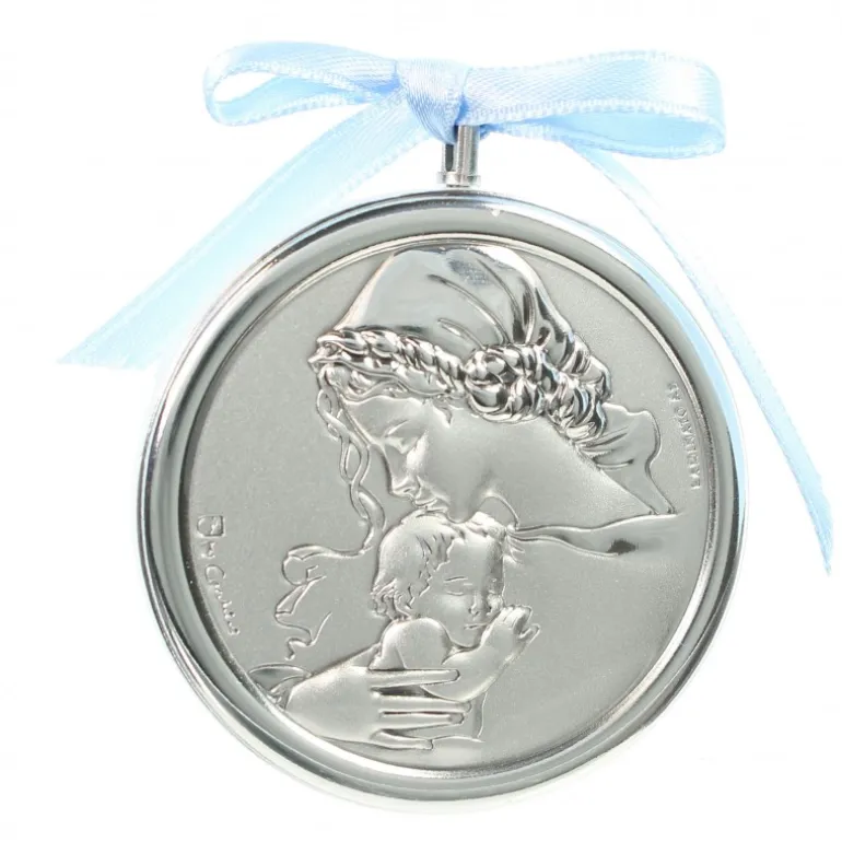Palais du Rosaire Médaille de berceau ronde avec la Vierge Mère en argent^ Baptême | Médaille De Berceau