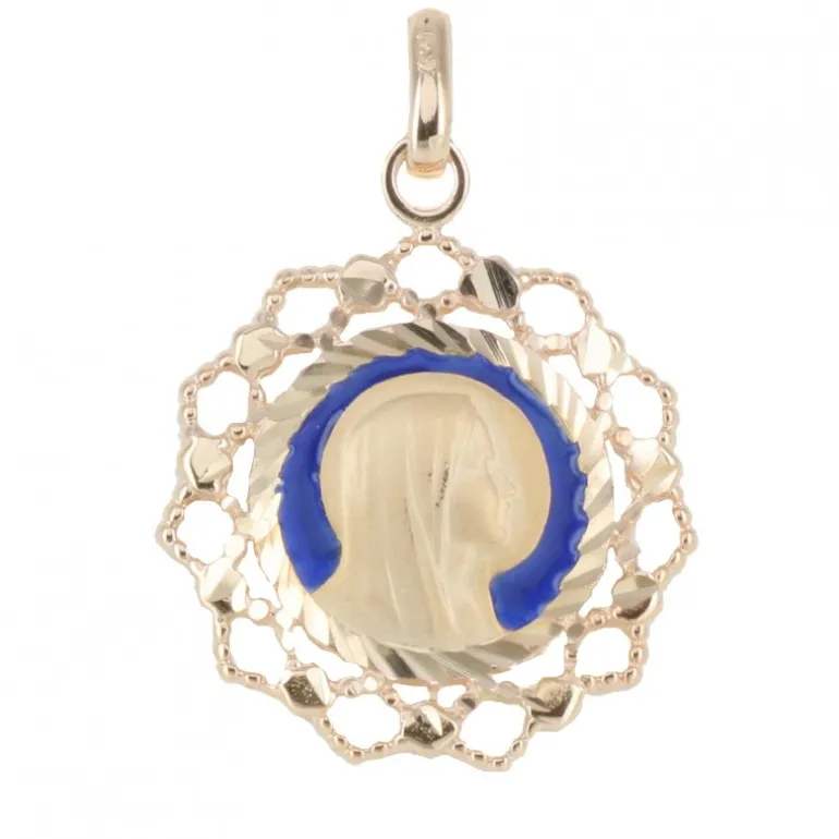 Palais du Rosaire Médaille de la Vierge Marie en Plaqué Or, contours dentelés et fond bleu 20mm^ Médaille De La Vierge | Médaille Et Croix Plaqué Or