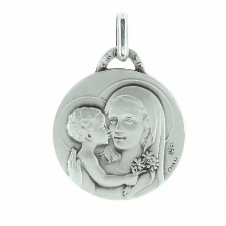 Palais du Rosaire Médaille de la Vierge Marie au bouquet en Argent 18mm^ Médaille De La Vierge | Médaille Et Croix Argent