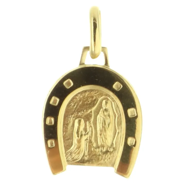 Palais du Rosaire Médaille de Lourdes en Plaqué Or en forme de Fer à cheval avec Gravure Personnalisée^ Médaille Et Croix Plaqué Or