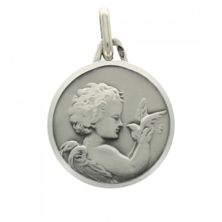 Palais du Rosaire Médaille en argent d'un Ange avec une Colombe 16mm^ Médaille Et Croix Argent