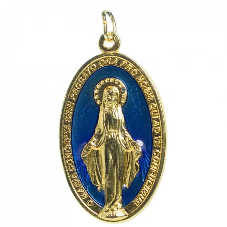Palais du Rosaire Médaille Miraculeuse en métal émaillé doré et bleu 40mm^ Médaille Miraculeuse | Médaille Et Croix Métal