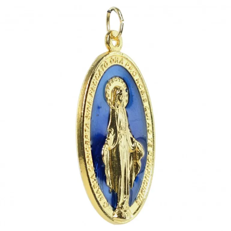 Palais du Rosaire Médaille Miraculeuse en métal émaillé doré et bleu 40mm^ Médaille Miraculeuse | Médaille Et Croix Métal