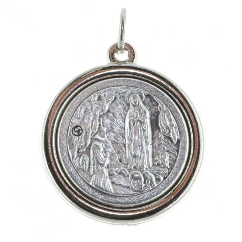 Palais du Rosaire Médaille épaisse métal argenté Apparition de Lourdes et portrait Vierge Marie^ Médaille Et Croix Métal