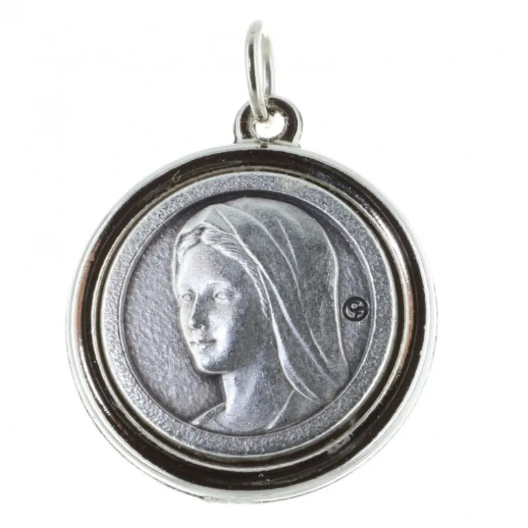Palais du Rosaire Médaille épaisse métal argenté Apparition de Lourdes et portrait Vierge Marie^ Médaille Et Croix Métal