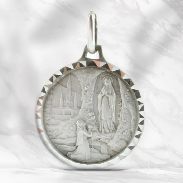 Palais du Rosaire Médaille ronde en Argent avec l'Apparition de Lourdes 18mm^ Médaille De Lourdes | Médaille Et Croix Argent