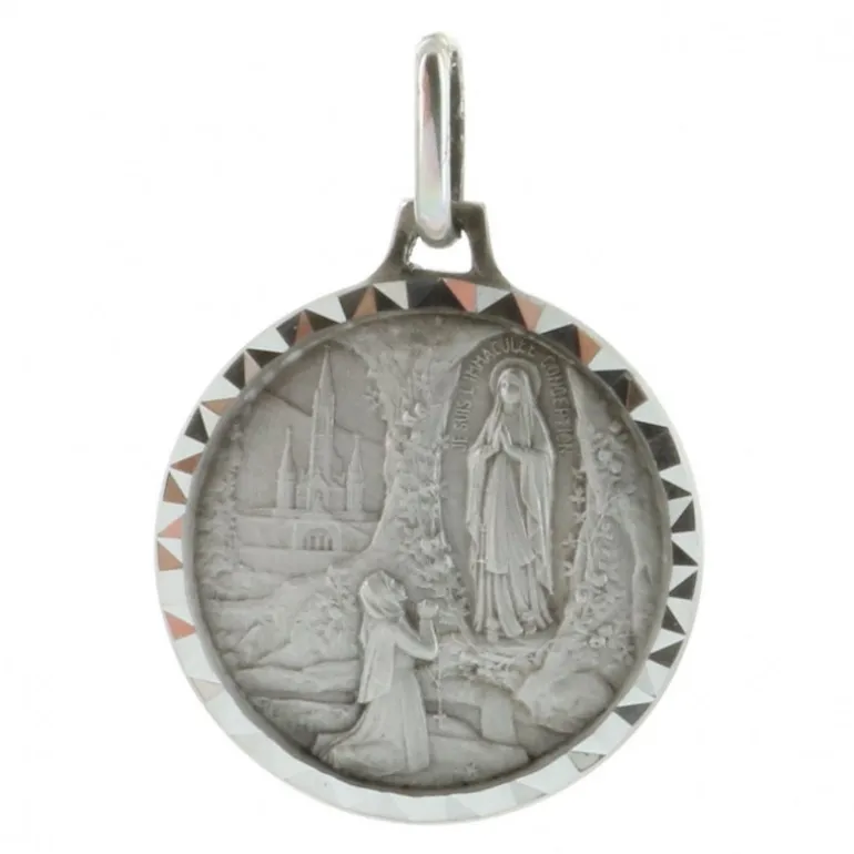 Palais du Rosaire Médaille ronde en Argent avec l'Apparition de Lourdes 18mm^ Médaille De Lourdes | Médaille Et Croix Argent