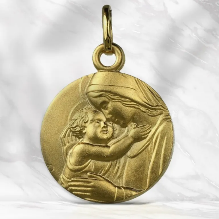 Palais du Rosaire Médaille ronde Vierge à l'Enfant Jésus en Plaqué Or 15mm^ Médaille De La Vierge | Médaille Et Croix Plaqué Or