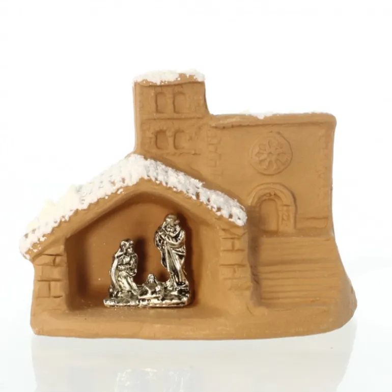 Palais du Rosaire Mini crèche en terre cuite sous une église enneigée^ Décoration De Noël