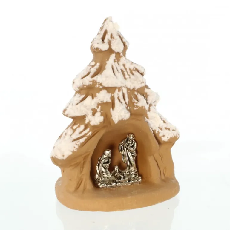 Palais du Rosaire Mini crèche en terre cuite sous sapin enneigé^ Décoration De Noël