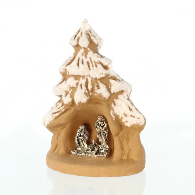Palais du Rosaire Mini crèche en terre cuite sous sapin enneigé^ Décoration De Noël
