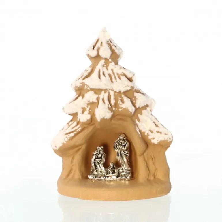 Palais du Rosaire Mini crèche en terre cuite sous sapin enneigé^ Décoration De Noël