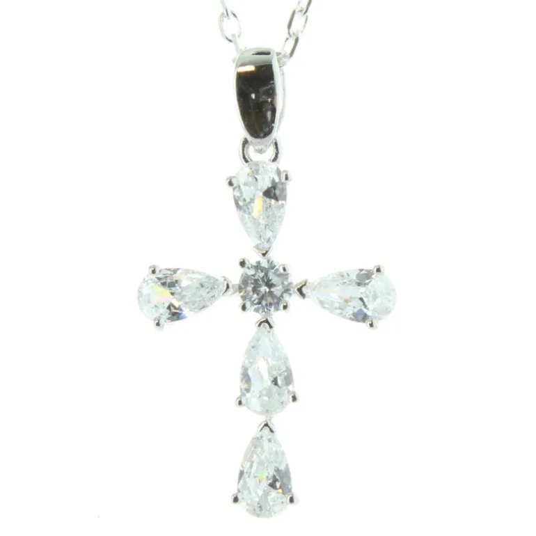 Palais du Rosaire Parure Argent pendentif croix avec des zircons et une chaîne 50cm^ Collier En Argent | Croix En Pendentif