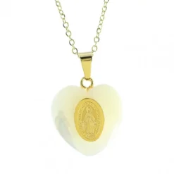 Palais du Rosaire Parure avec pendentif médaille Miraculeuse sur coeur nacré 20mm et chaîne dorée^ Collier Fantaisie