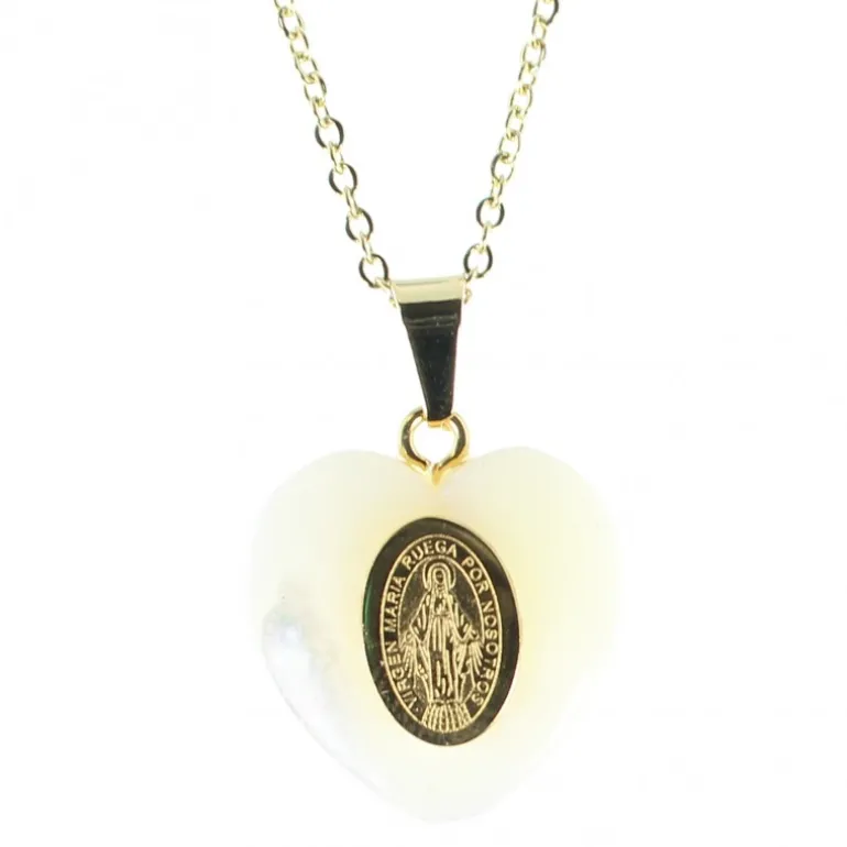 Palais du Rosaire Parure avec pendentif médaille Miraculeuse sur coeur nacré 20mm et chaîne dorée^ Collier Fantaisie