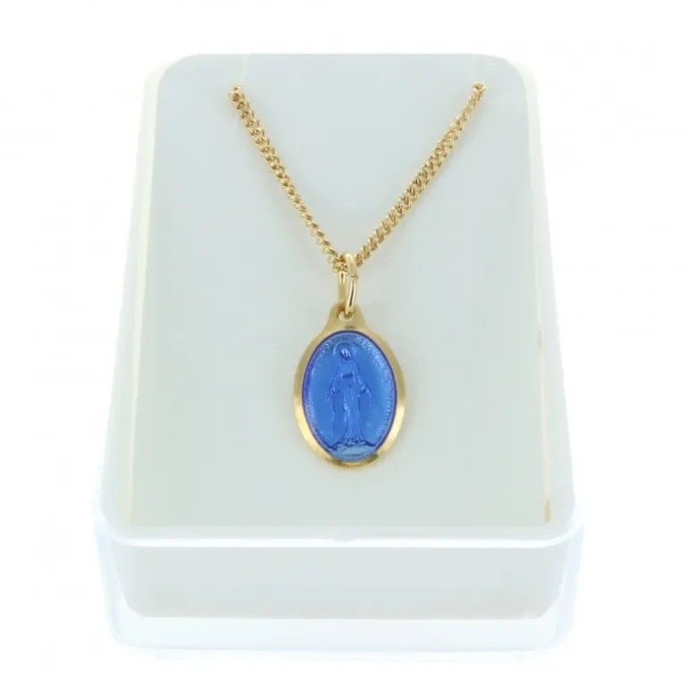 Palais du Rosaire Parure dorée médaille de la Vierge Miraculeuse bleutée et chaîne de 50cm^ Collier Fantaisie | Médaille Miraculeuse