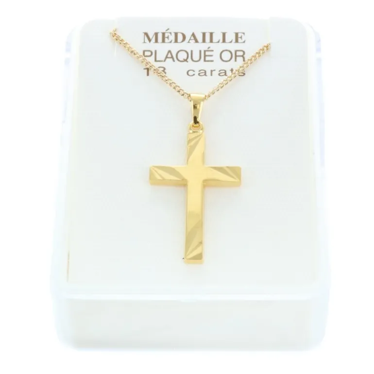 Palais du Rosaire Parure pendentif croix Plaqué Or et chaîne dorée 50cm^ Croix En Pendentif | Médaille Et Croix Plaqué Or