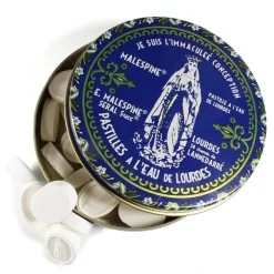 Palais du Rosaire Pastilles Menthe à l'eau de Lourdes 100g dans une boîte en métal^ Pastille Menthe À L'Eau De Lourdes