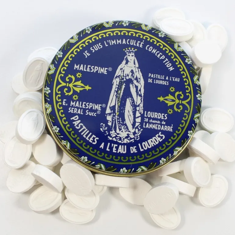 Palais du Rosaire Pastilles Menthe à l'eau de Lourdes 100g dans une boîte en métal^ Pastille Menthe À L'Eau De Lourdes