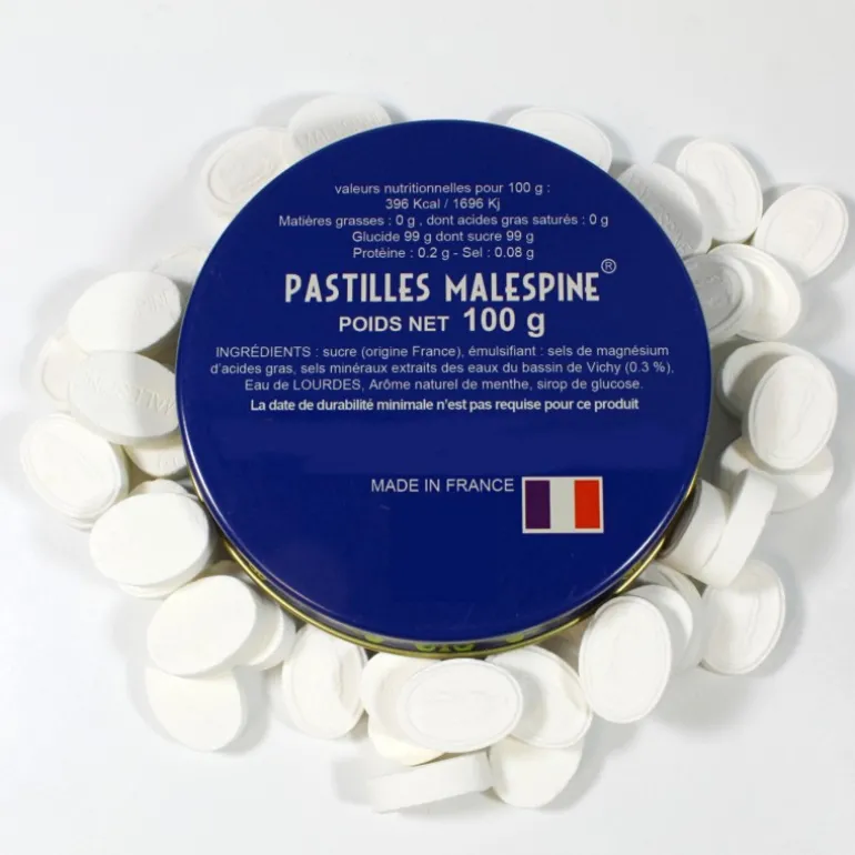 Palais du Rosaire Pastilles Menthe à l'eau de Lourdes 100g dans une boîte en métal^ Pastille Menthe À L'Eau De Lourdes
