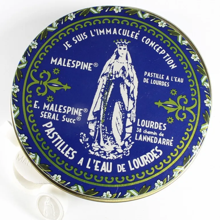 Palais du Rosaire Pastilles Menthe à l'eau de Lourdes 100g dans une boîte en métal^ Pastille Menthe À L'Eau De Lourdes