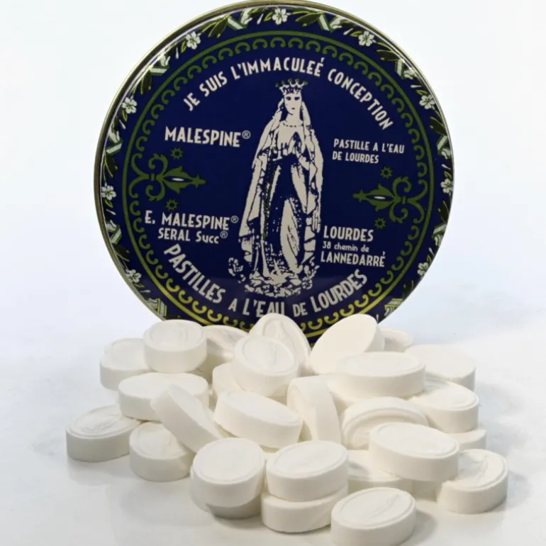 Palais du Rosaire Pastilles Menthe à l'eau de Lourdes 100g dans une boîte en métal^ Pastille Menthe À L'Eau De Lourdes