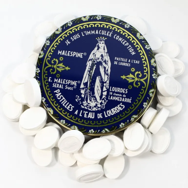 Palais du Rosaire Pastilles Menthe à l'eau de Lourdes 100g dans une boîte en métal^ Pastille Menthe À L'Eau De Lourdes