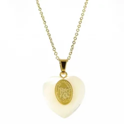 Palais du Rosaire Pendentif coeur nacre , médaille de Saint Michel sur Chaîne dorée^ Collier Fantaisie