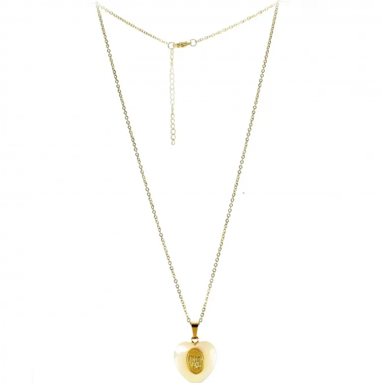 Palais du Rosaire Pendentif coeur nacre , médaille de Saint Michel sur Chaîne dorée^ Collier Fantaisie