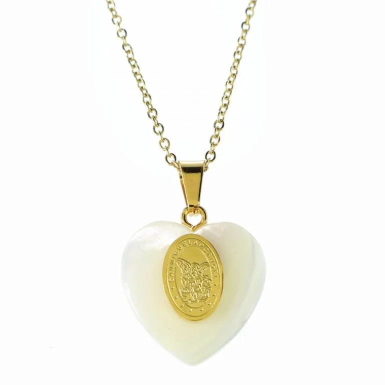 Palais du Rosaire Pendentif coeur nacre , médaille de Saint Michel sur Chaîne dorée^ Collier Fantaisie