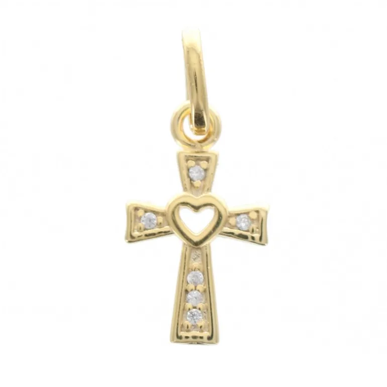 Palais du Rosaire Pendentif croix plaqué or avec strass et coeur ajouré 12 mm^ Croix En Pendentif | Médaille Et Croix Plaqué Or