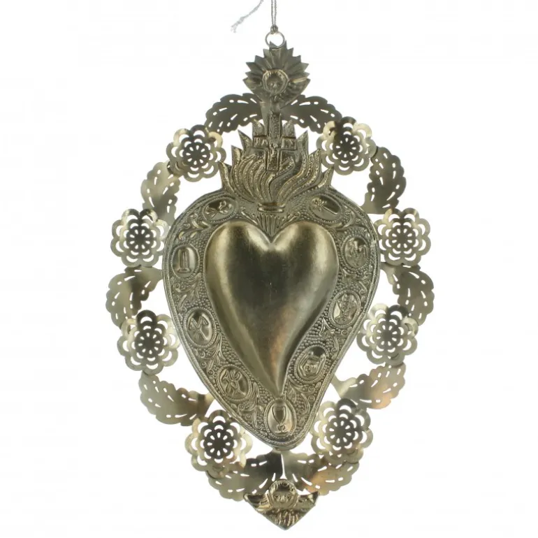 Palais du Rosaire Pendentif Ex-voto avec coeur et fleurs 35 cm^ Cadre Religieux