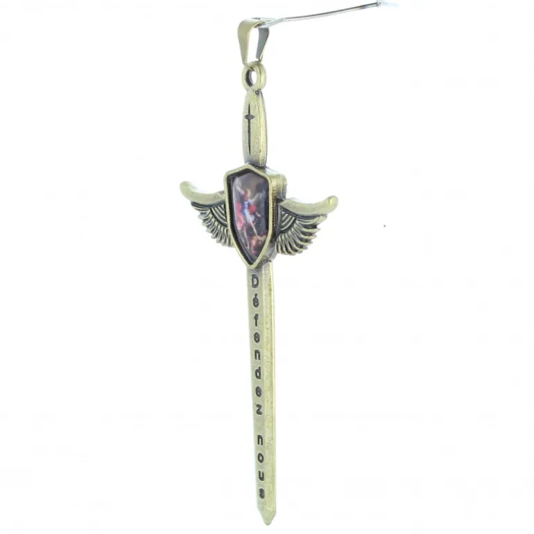 Palais du Rosaire Pendentif épée de Saint Michel avec image de prière 11x5,5cm^ Image Religieuse