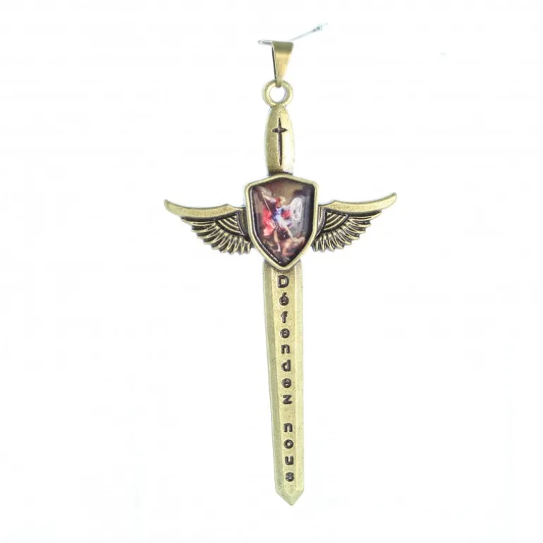 Palais du Rosaire Pendentif épée de Saint Michel avec image de prière 11x5,5cm^ Image Religieuse