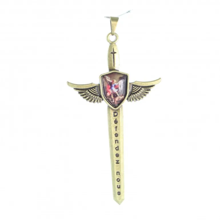 Palais du Rosaire Pendentif épée de Saint Michel avec image de prière 11x5,5cm^ Image Religieuse