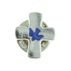 Palais du Rosaire Pin's en forme de croix avec une colombe bleue^ Pin'S