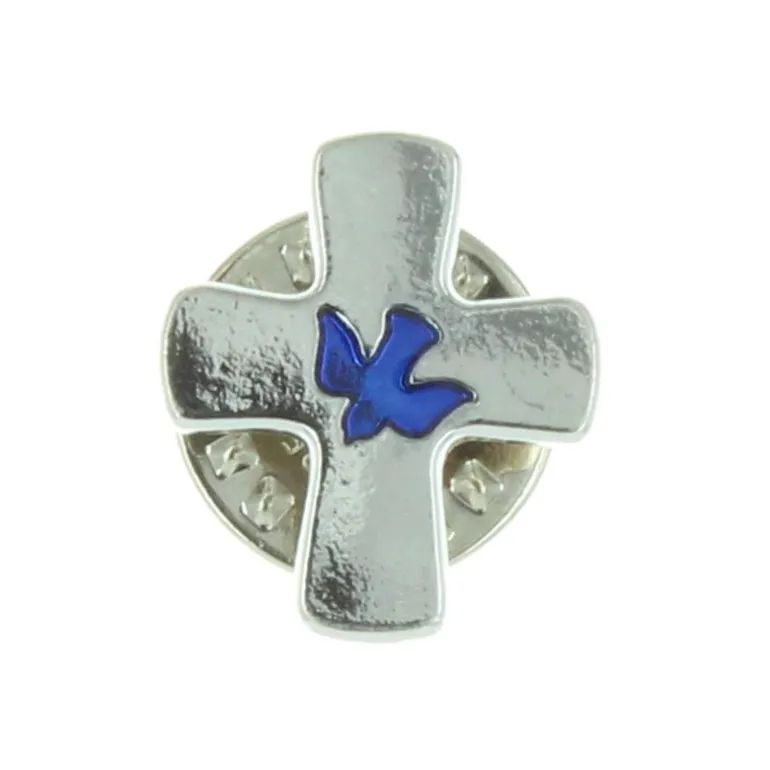 Palais du Rosaire Pin's en forme de croix avec une colombe bleue^ Pin'S