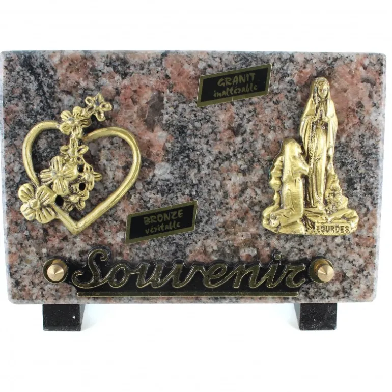 Palais du Rosaire Plaque funéraire Apparition et coeur en bronze en granit , de 18x12 cm^ Plaque Funéraire