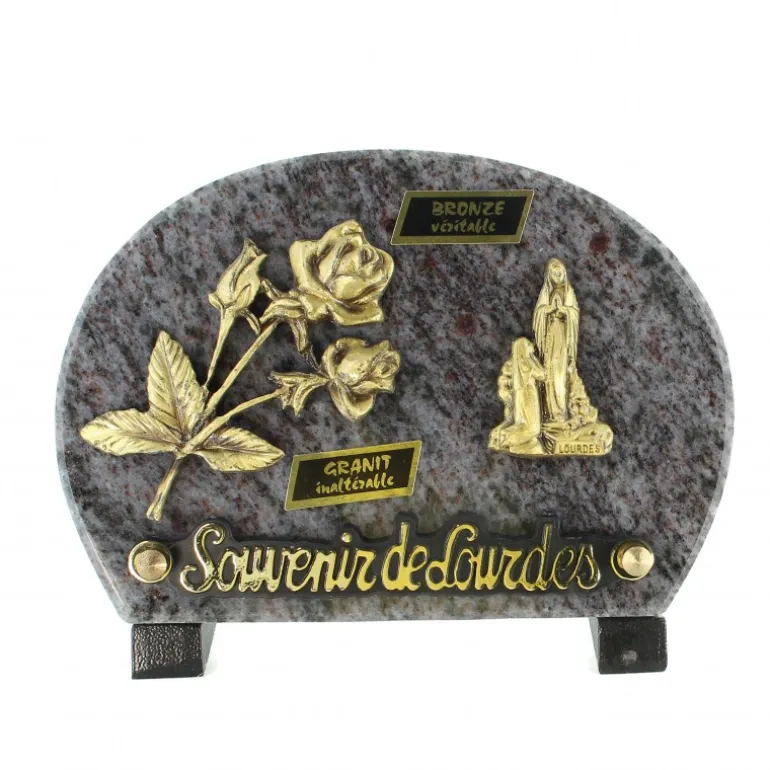 Palais du Rosaire Plaque funéraire de l'Apparition avec une rose en bronze et granit 18x12cm^ Plaque Funéraire