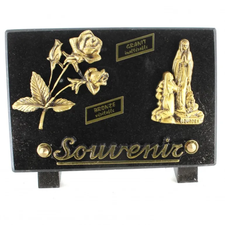 Palais du Rosaire Plaque funéraire de l'Apparition en granit et bronze 18x12cm^ Plaque Funéraire
