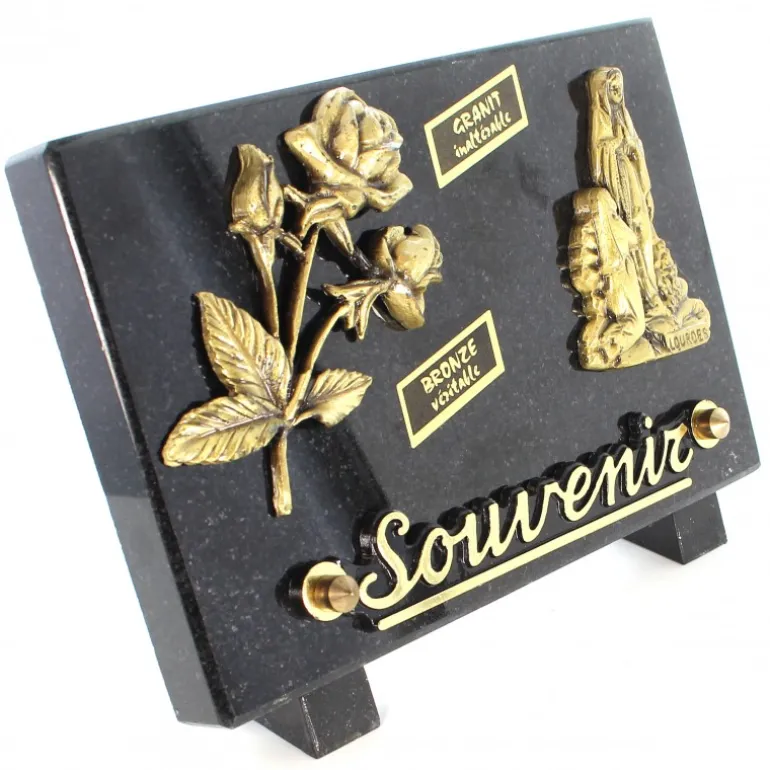 Palais du Rosaire Plaque funéraire de l'Apparition en granit et bronze 18x12cm^ Plaque Funéraire