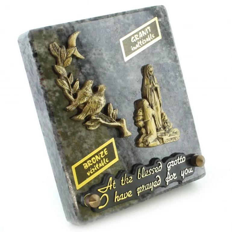 Palais du Rosaire Plaque funéraire en granit de l'Apparition de Lourdes, fleurs, oiseaux et lune de 12x10cm^ Plaque Funéraire