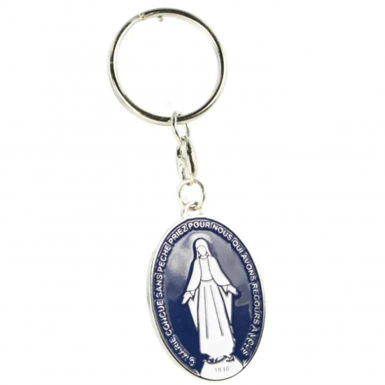 Palais du Rosaire Porte clé Médaille Miraculeuse emaillé blanche et bleue^ Porte-Clés
