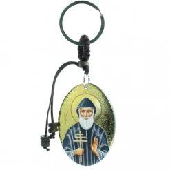 Palais du Rosaire Porte clé ovale avec image de Saint Charbel et boîte^ Porte-Clés
