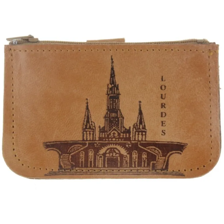 Palais du Rosaire Porte Monnaie de Lourdes en cuir véritable avec un zip^ Porte-Monnaie