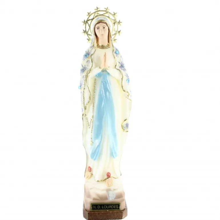 Palais du Rosaire Statue de 21cm résine de Notre Dame de Lourdes avec un manteau de fleurs^ Statue De Notre Dame De Lourdes