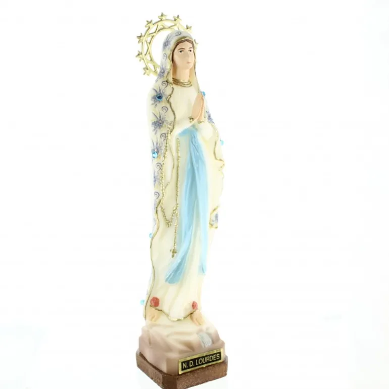Palais du Rosaire Statue de 21cm résine de Notre Dame de Lourdes avec un manteau de fleurs^ Statue De Notre Dame De Lourdes
