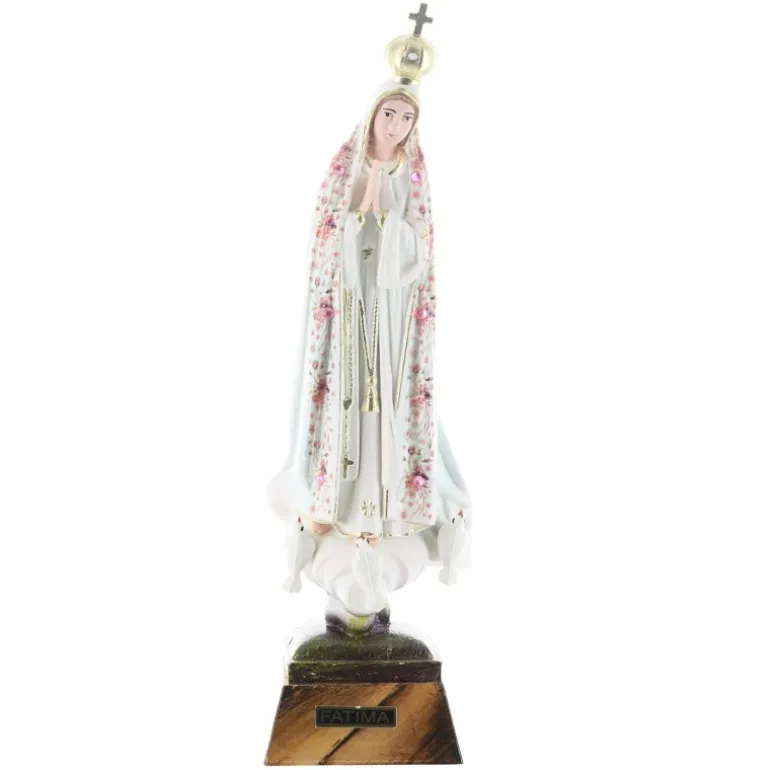 Palais du Rosaire Statue de Fatima vêtue d'un manteau fleuri rose 18cm^ Statue Vierge De Fatima